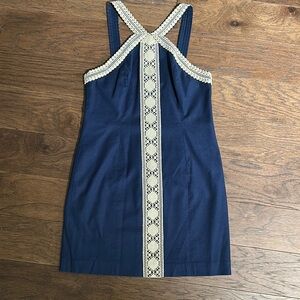 Elegant Navy Blue Dress with Lace Trim